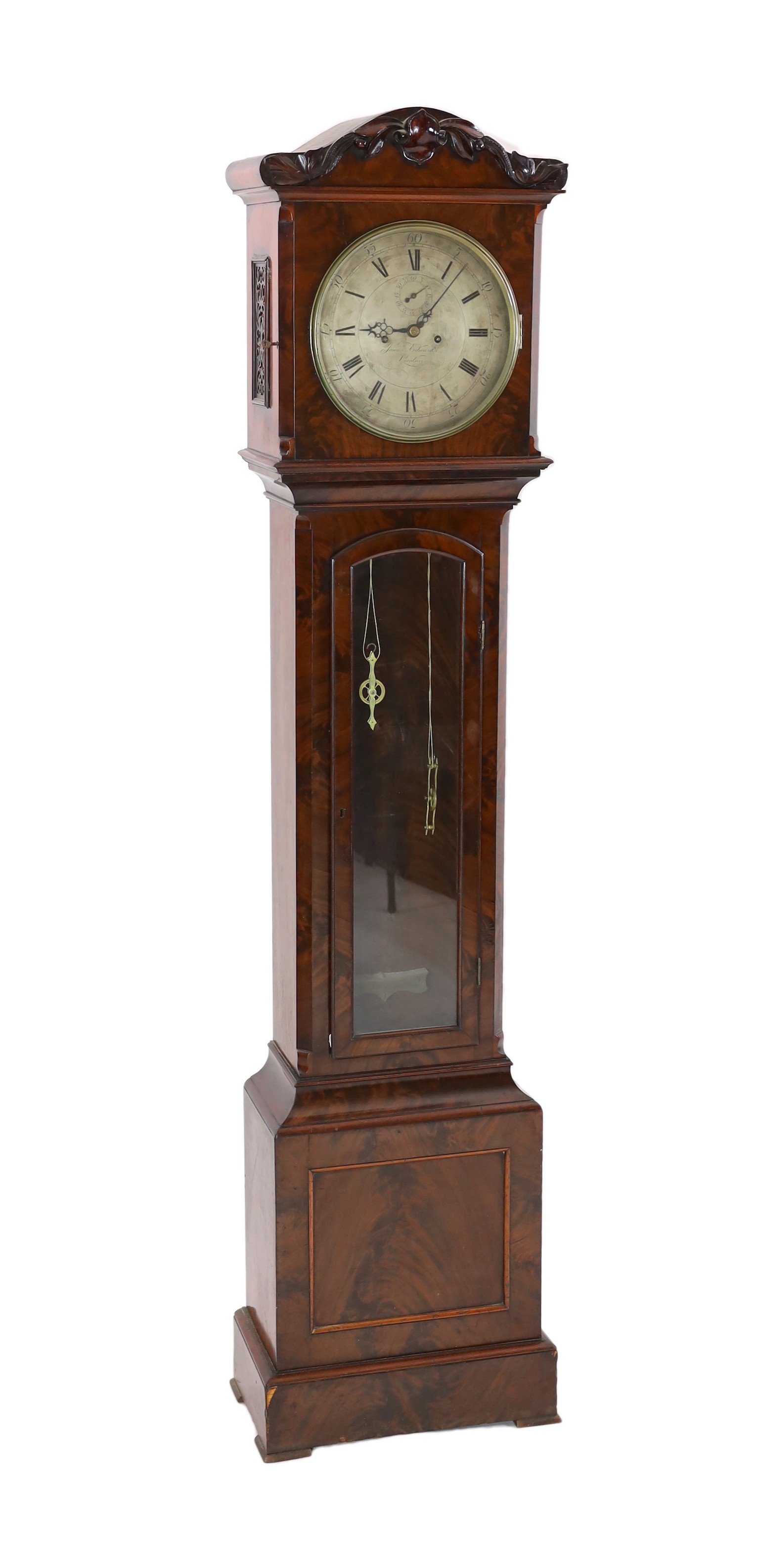 James Edwards of London. An early Victorian flame mahogany cased regulator, 49cm wide, 208cm high